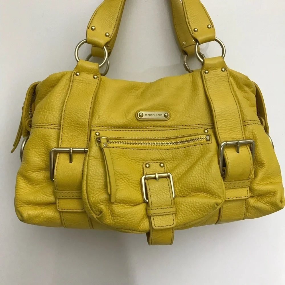 Michael Kors Yellow Leather Outer Pockets Double Handle Satchel Purse Bag